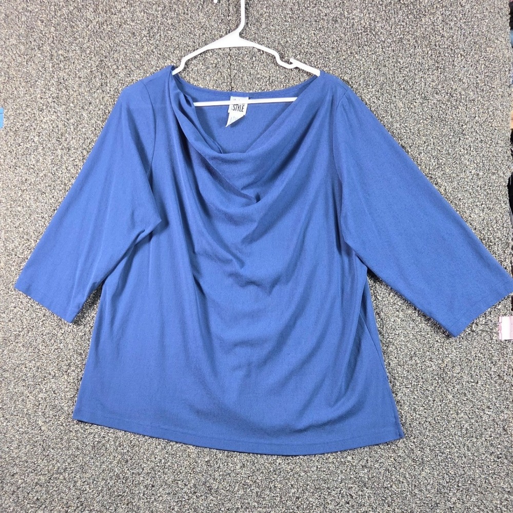 Kathy L‎ Andau's Shirt Womens XL Blue Excellent Cowl Neck 3/4 Sleeve A37515